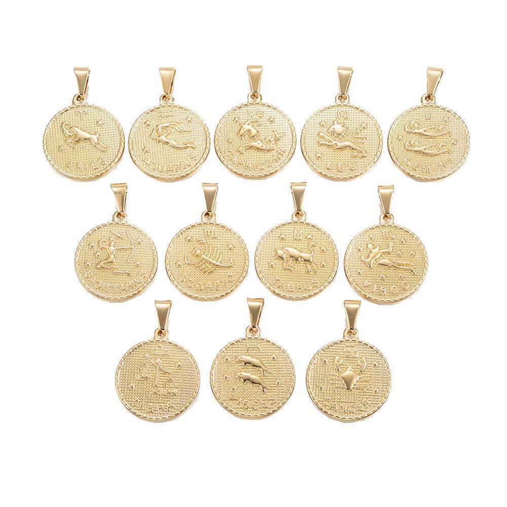 7596 1 Set/12 Pcs 304 Stainless Steel Horoscope Bead Charm Pendants Round